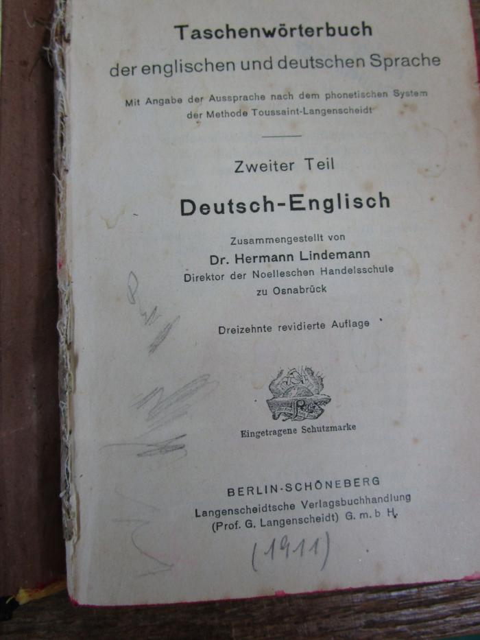 Sa 784 ac 2: Taschenwörterbuch der englischen und deutschen Sprache ([1911])