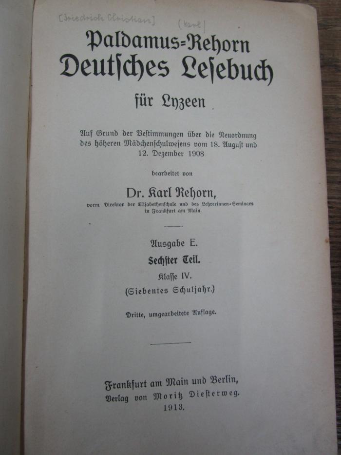 Pe 1658 c 6: Deutsches Lesebuch für Lyzeen (1913)