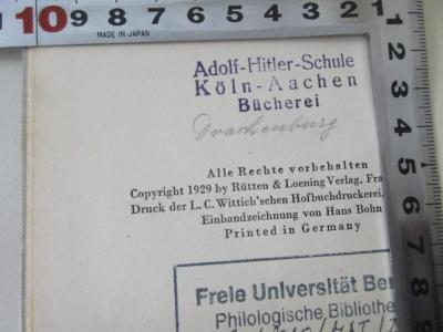 GM 6058 R379 : Der Reiter (1929);- (Adolf-Hitler-Schule Köln-Aachen Bücherei), Stempel: Name; 'Adolf-Hitler-Schule Köln-Aachen Bücherei
Drachenburg'. ;-, Von Hand: Ortsangabe, Berufsangabe/Titel/Branche; 'Drachenburg'