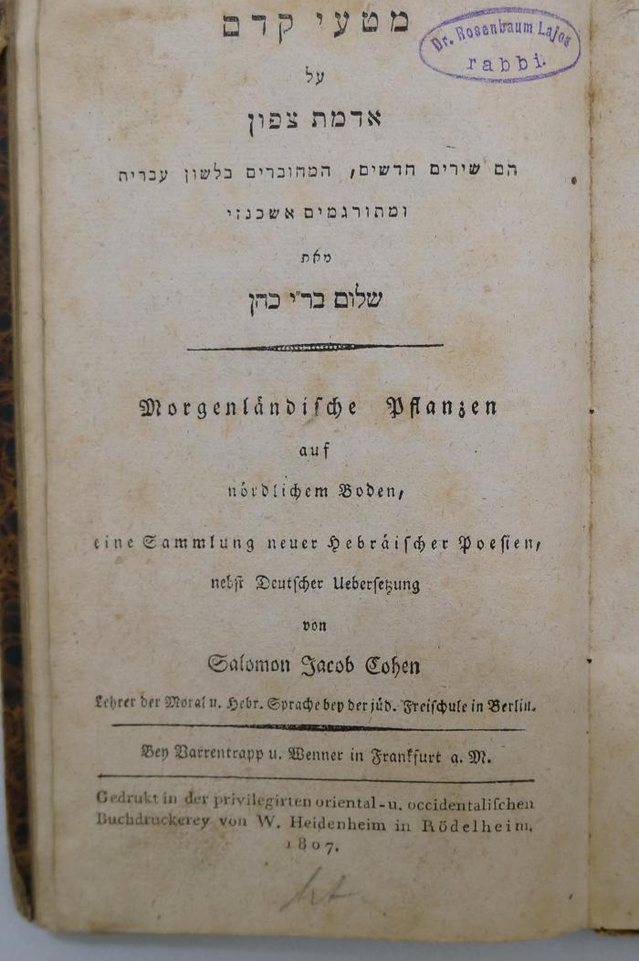 BD 6000 Coh : מטעי קדם על אדמת צפון : הם שירים חדשים = Morgenländische Pflanzen auf nördlichem Boden. Eine Sammlung neuer hebräischer Poesien (1807)