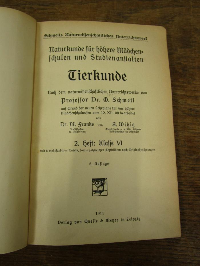 Pe 1659 f 2:  Naturkunde für höhere Mädchenschulen und Studienanstalten : Tierkunde (1911)