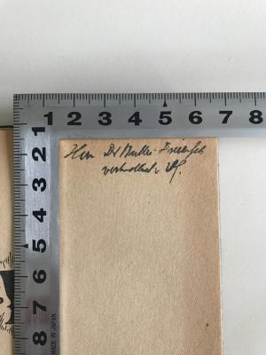 A2/VIE 7-2.EX. (ausgeschieden) : Der Dualismus im Mordernen Weltbild (1923);- (Müller-Freienfels, Richard), Von Hand: Widmung; 'Herrn Dr. Müller-[Freien]fels verbindlich v Vf. (vom Verfasser)'. 