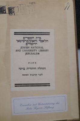 BD 6000 ROD : מצת מצות : ועלילת הדם = Das ungesäuerte Brot und die Anklage des Blutgebrauchs am Passah-Feste (1863);- (unbekannt), Von Hand: Nummer; '3/11'. ;- (unbekannt), Etikett: Signatur; 'DDI'. ;- (Jüdische Gemeinde Wien;Jewish National and University Library Jerusalem), Etikett: Exlibris, Name, Ortsangabe; 'בית הספרים
הלאמי והאוניברסיטאי
ירושלים

Jewish National 
and University Library
Jerusalem

מתנת
הקהלה היהודית בוינה
לזכר קרבנות השואה'. ;- (unbekannt), Von Hand: Signatur; '7480
'. 