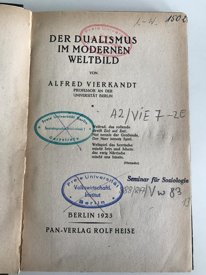 A2/VIE 7-2.EX. (ausgeschieden) : Der Dualismus im Mordernen Weltbild (1923)
