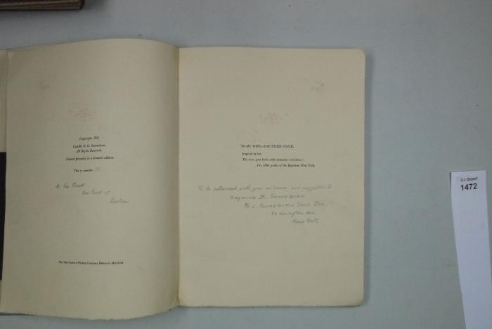 - (Baeck, Leo ), Von Hand: Name, Ortsangabe, Widmung; 'To be returned with your criticism and suggestion to Siegmund B. Sonneborn & L. Sonneborn Sons Inc.
88 Lexington ave New York.'. 