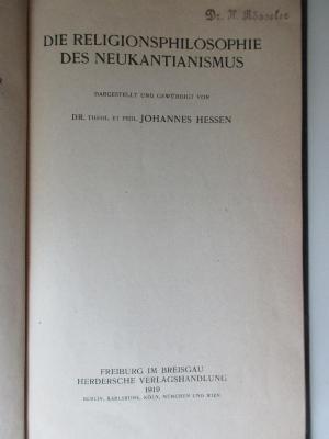 BF 5950 R382 D4 : Die Religionsphilosophie des Neukantianismus (1919)