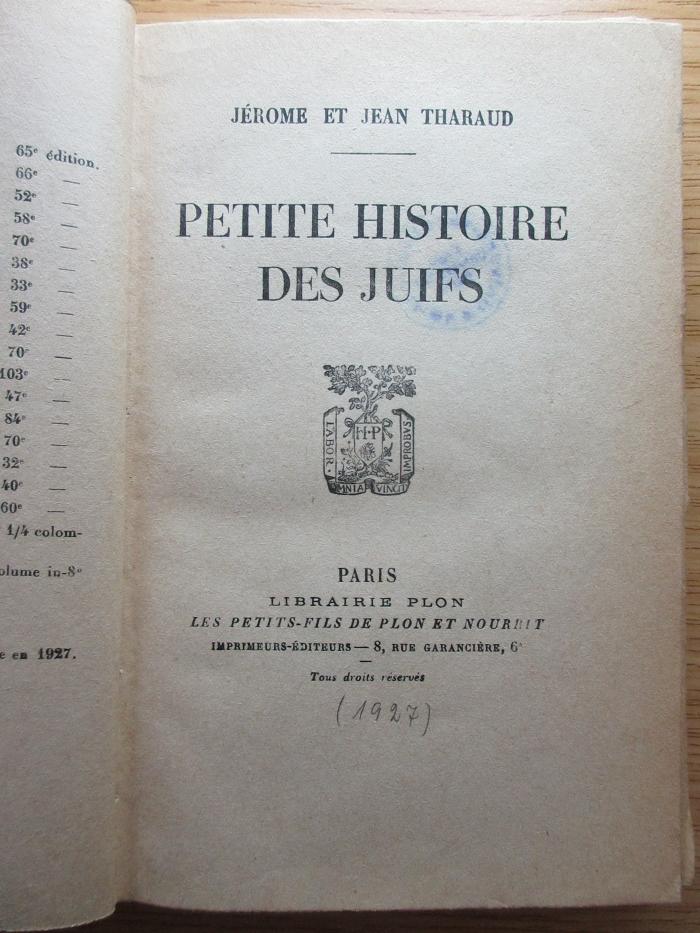 7 P 98&lt;34&gt; : Petite histoire des Juifs (1927)