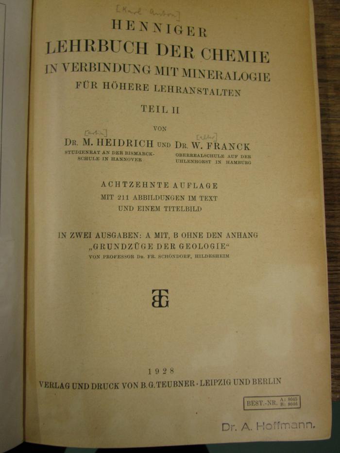 Kd 563 ah 2: Henniger Lehrbuch der Chemie in Verbindung mit Mineralogie für höhere Lehranstalten : Teil II (1928)