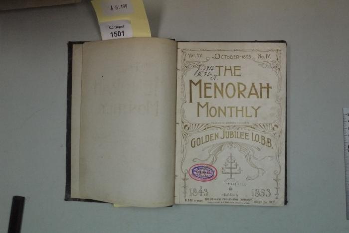 A 5 199: The Menorah Monthly. Golden Jubilee I.O.B.B. 1843-1893. (1893)