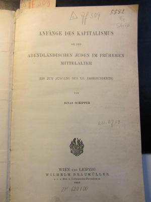 G Schip : Anfänge des Kapitalismus bei den abendländischen Juden im früheren Mittelalter (bis zum Ausgang des XII. Jahrhunderts) (1907)