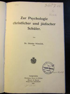 S Neme : Zur Psychologie christlicher und jüdischer Schüler (1916)