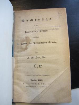 GL Pre Jos : Nachträge zu den legislativen Fragen betreffend die Juden im Preußischen Staate (1842)