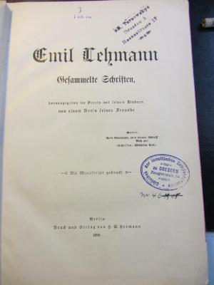 J Lehm : Emil Lehmann. Gesammelte Schriften, herausgegeben im Verein mit seinen Kindern von einem Kreis seiner Freunde (1899)