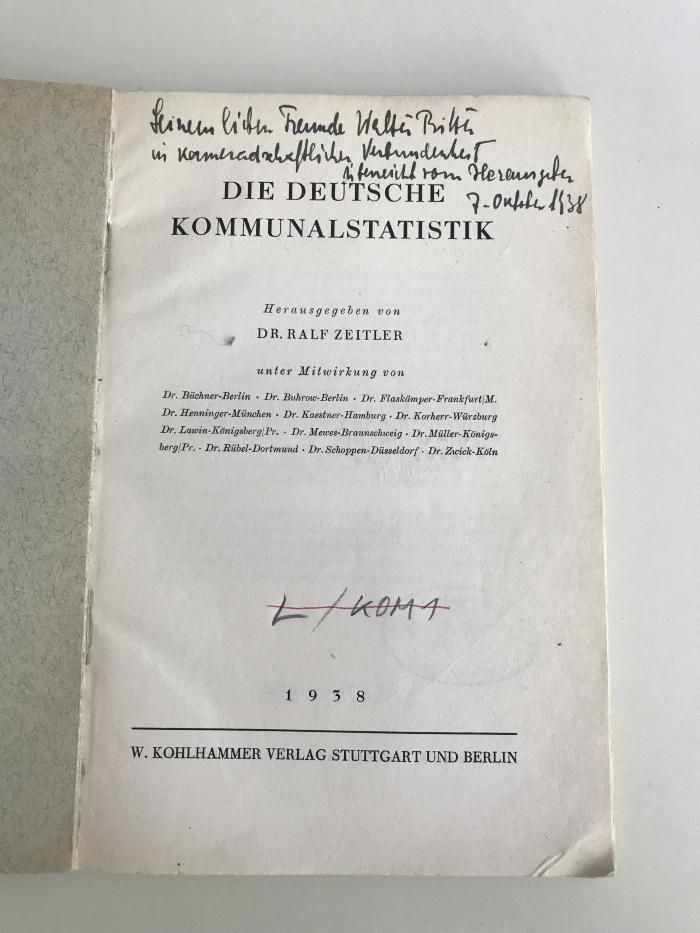 L KOM 1 (ausgeschieden) : Die Deutsche Kommunalstatistik (1938)