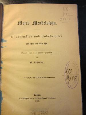 GB Men XXXIX: Moses Mendelsson. Ungedrucktes und Unbekanntes von ihm und über ihn. (1883)