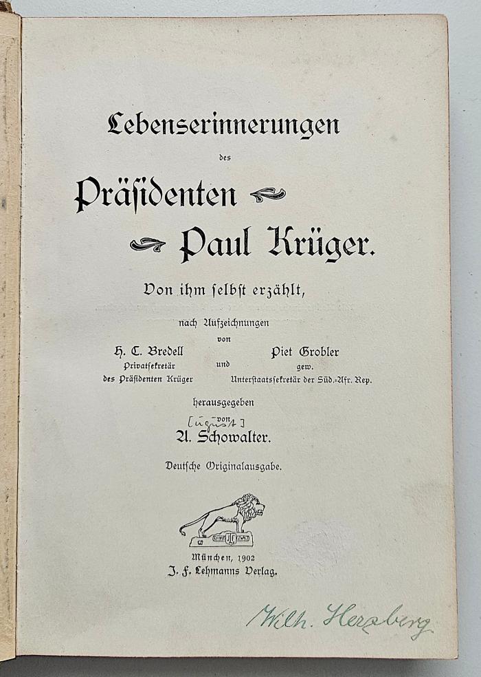 2 F 102a-1 : Lebenserinnerungen des Präsidenten Paul Krüger : von ihm selbst erzählt (1902)