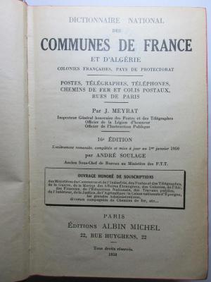 2 D 467&lt;16&gt; : Dictionnaire national des communes de France et d'Algérie : Colonies Francaises, pays de protectorat (1950)