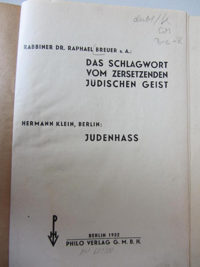 GM Bre-R : Das Schlagwort vom zersetzenden jüdischen Geist (1932)