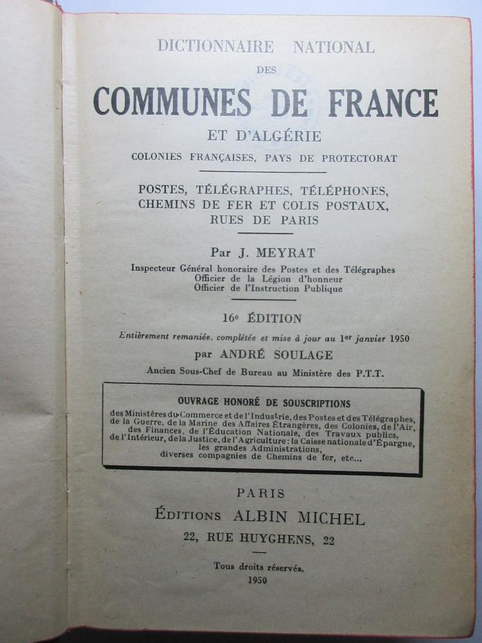 2 D 467&lt;16&gt; : Dictionnaire national des communes de France et d'Algérie : Colonies Francaises, pays de protectorat (1950)