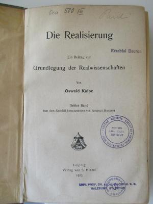 Oca 500/III (ausgesondert) : Die Realisierung : Ein Beitrag zur Grundlegung der Realwissenschaften; Bd. 3 (1923)