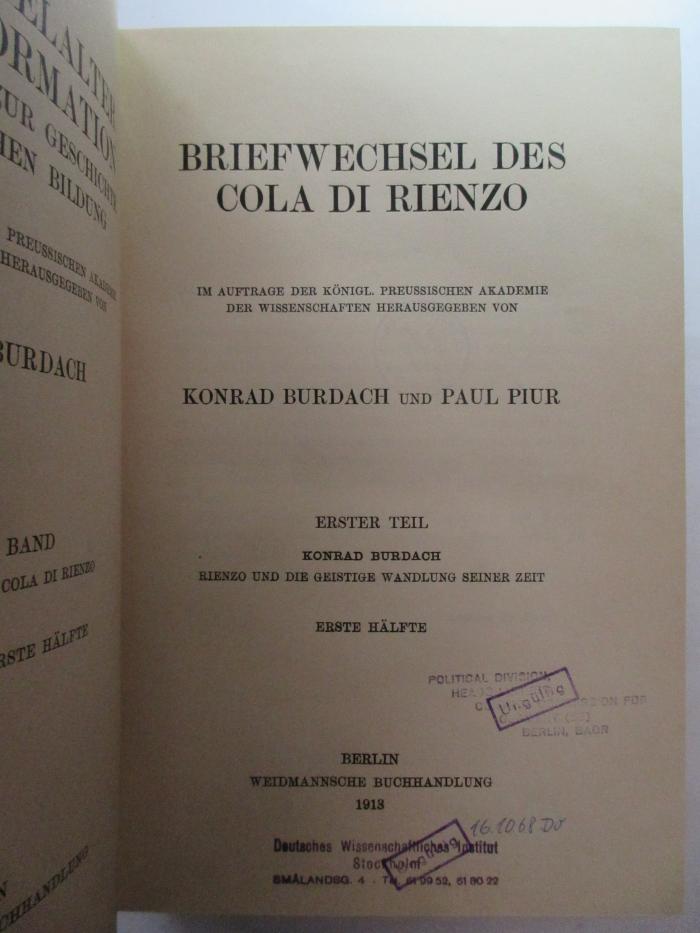3 F 123 - 2,1,1 : Briefwechsel des Cola di Rienzo : 1. Rienzo und die geistige Wandlung Seiner Zeit (1913)