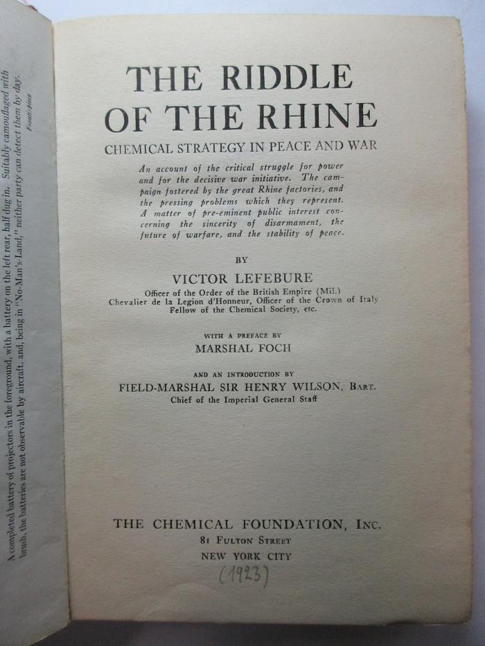 3 F 162 : The riddle of the Rhine : chemical strategy in peace and war (1923)