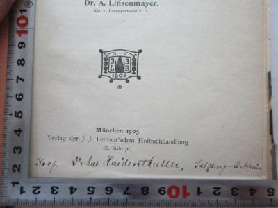 - (Haidenthaller, Max), Von Hand: -; 'Kooß. Dr. Max Haidenthaller, Salzburg-St.Plasur'. ;10 B 46 : Die Bekämpfung des Christentums durch den römischen Staat bis zum Tode des Kaisers Julian (363) (1905)