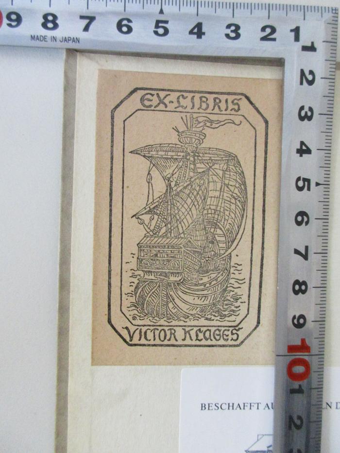 Rara 3376 : Gespräch im Nebel: Leibniz besucht Spinoza (1935);- (Klages, Victor), Etikett: Exlibris; 'Ex-Libris Victor Klages'. 