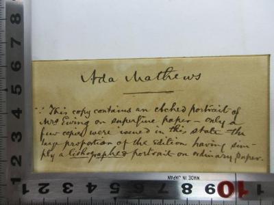 - (Mathews, Ada), Von Hand: -; 'Ada Mathews
...This copy contains an Acher portrail of
Mrs Ewing or superfine poper - only a 
for copy were issues in this stable the
lury proportion of the Edition having him -
only a lirhographeonportrail - on ordinary paper'. ;6 M 60 : Juliana Horatia Ewing and her books (1885)
