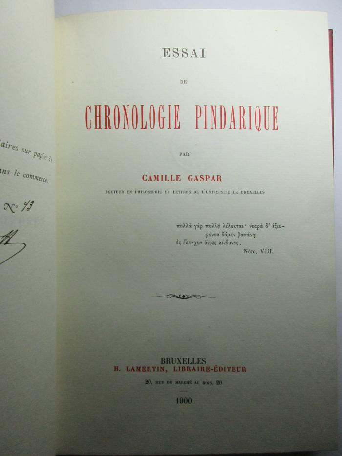 16 K 180 : Essai de chronologie pindarique (1900)