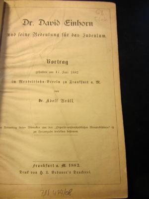 GB Einh : Dr. David Einhorn und seine Bedeutung für das Judentum. Vortrag gehalten am 17. Juni 1882 im Mendelssohn-Verein zu Frankfurt a. M. (1882)