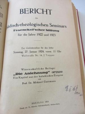 Z Jahr : Bericht des jüdisch-theologischen Seminars Fraenckel'scher Stiftung für die Jahre 1922 und 1923 (1924)