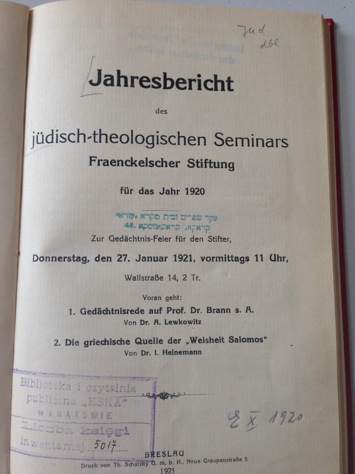 Z Jahr : Jahresbericht des jüdisch-theologischen Seminars Fraenckelscher Stiftung für das Jahr 1920 (1921 )