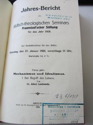 Z Jahr : Jahres-Bericht des jüdisch-theologischen Seminars Fraenckel'scher Stiftung für das Jahr 1919. (1920)