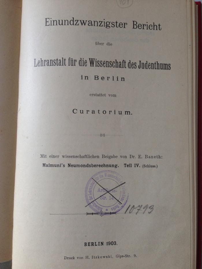 Z Hoch : Einundzwanzigster Bericht über die Lehranstalt für die Wissenschaft des Judenthums in Berlin erstattet vom Curatorium (1903)