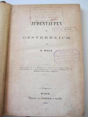 GL Öst Wolf : Judentaufen in Österreich (1863)