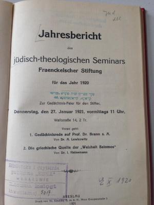 Z Jahr : Jahresbericht des jüdisch-theologischen Seminars Fraenckelscher Stiftung für das Jahr 1920 (1921 )