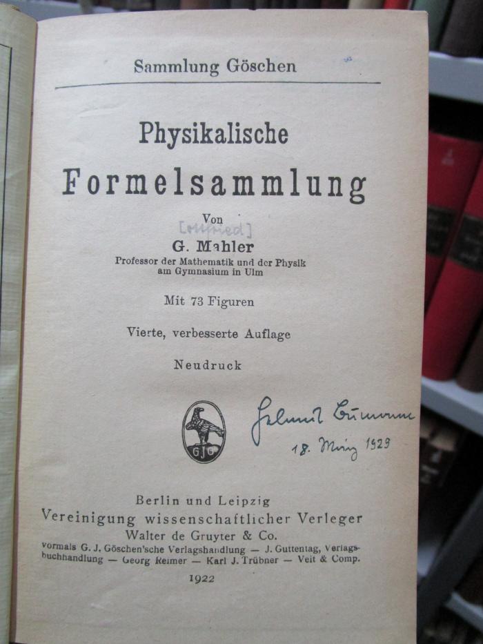 X 1271 d 1922: Physikalische Formelsammlung (1922)