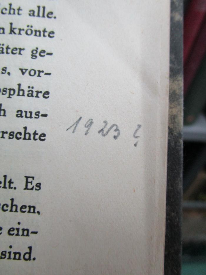 VIII 4014 2. Ex.: Verschlossene Welten : Über zeitliches und räumliches Fernsehen (1922);- (unbekannt), Von Hand: Annotation, Datum; '1923 ?'. 