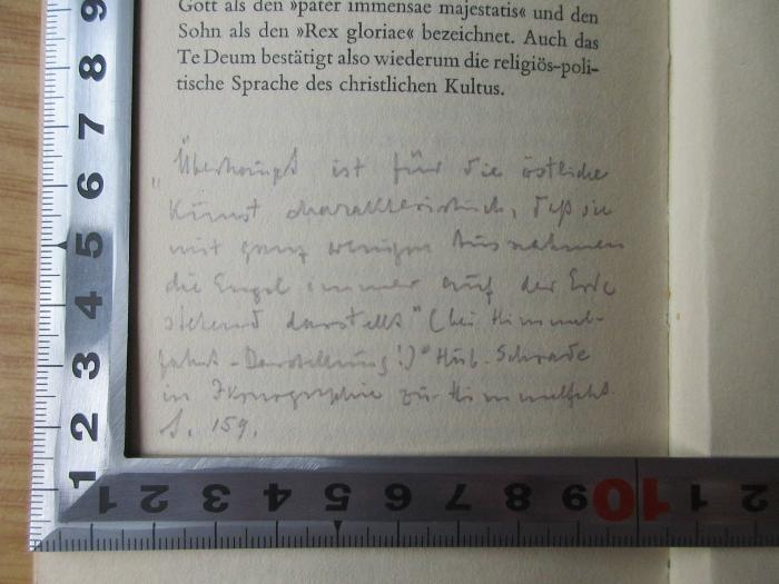 BS 1370 P485 : Das Buch von den Engeln : Stellung und Bedeutung der heiligen Engel im Kultus (1935);-, Von Hand: Notiz; '"Überhaupt ist für die östliche Kunst charakteristisch, daß sie mit ganz wenigen Ausnahmen die Engel immer auf der Erde stehend darstellt" (bei Himmelfahrt-Darstellung!) Hub. Schrade in Ikonographie zur Himmelfahrt S. 159.'