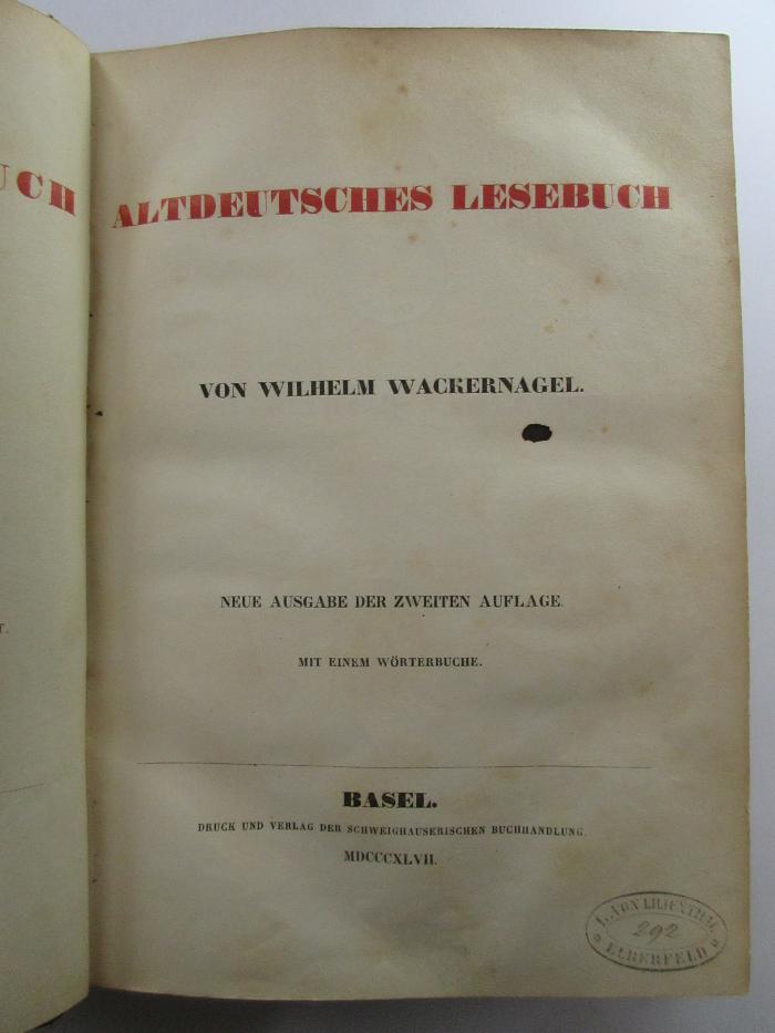 7 L 292&lt;2*&gt;-1 : Altdeutsches Lesebuch : Poesie und Prosa vom 4. bis zum 15. Jahrhundert (1847)
