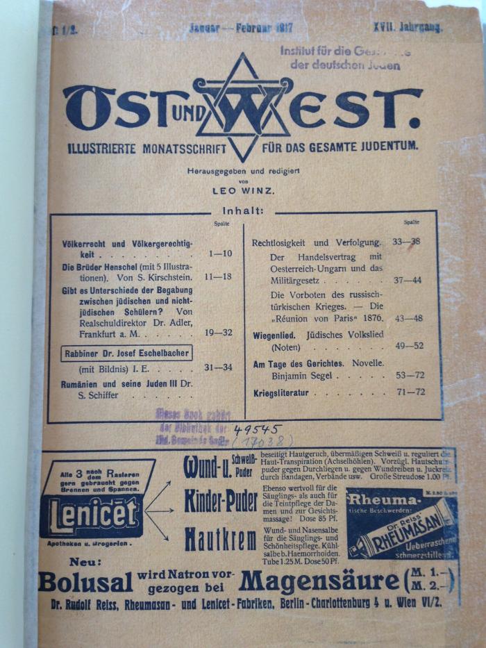 Z OuW : Ost und West. Illustrierte Monatsschrift für das gesamte Judentum (1917)
