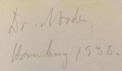 - (Norden, Joseph), Von Hand: Name, Ortsangabe, Datum; 'Dr. Norden
Hamburg 1938'. 
