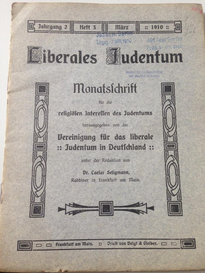 Z Lib Jud : Liberales Judentum. Monatsschrift für die religiösen Interessen des Judentums. (1910 )