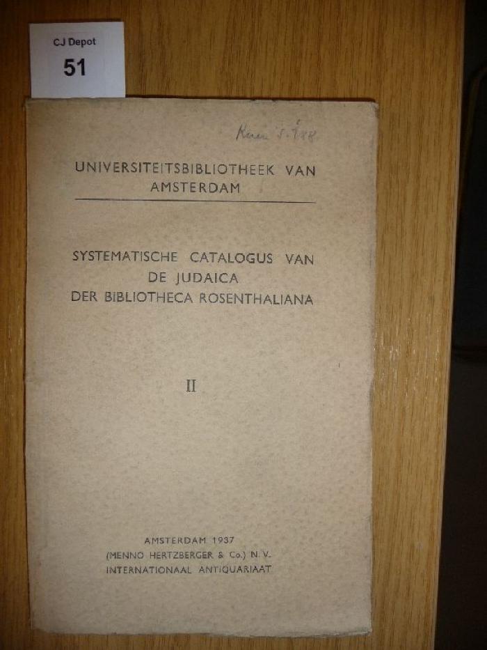  Systematische Catalogus van de Judaica der Bibliotheca Rosenthaliana. (1937)