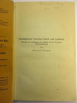5 W 1289 : Streitigkeiten zwischen Reich und Ländern : Beiträge zur Auslegung des Artikels 19 der Weimarer Reichsverfassung (1923)