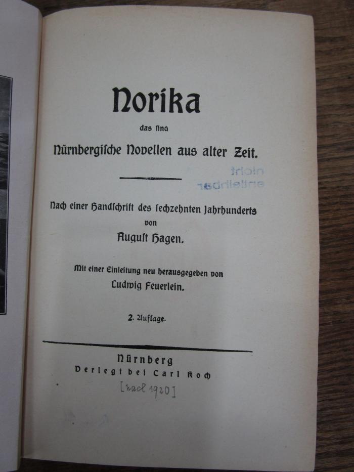 Cl 664 b: Norika : das sind Nürnbergische Novellen aus alter Zeit (um 1920)