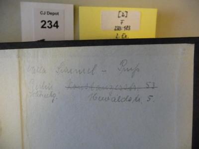 - (Simmel-Pruss, Ella), Von Hand: Name, Ortsangabe; 'Ella Simmel-Pruss
Berlin Schönebg.
Konstanzerstr. 53
Hewaldstr. 5'. 