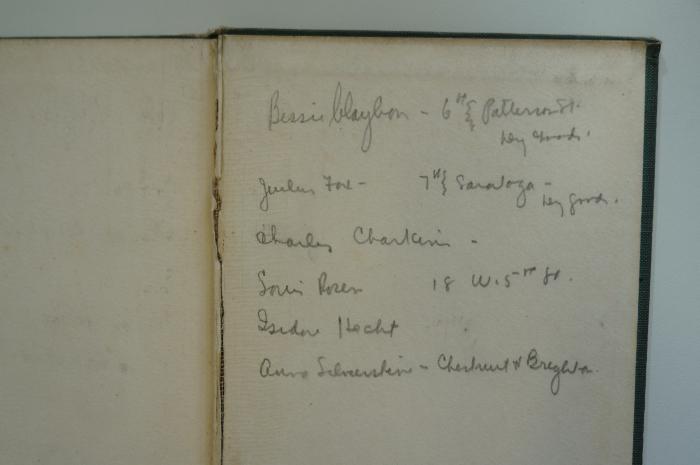 08 025872 : The Religion of Israel. A book for use in religious schools and the home (1918);- (unbekannt), Von Hand: Name, Ortsangabe; 'Bessie Blayben - 6th PatternSt
Julius Toe - 7th Saraloza Ley grra.
Charles Chartain
Sami Rosen 18 W 5re St
Isidor Hecht
Aure Schoenlein - Chestant Breghten'. 