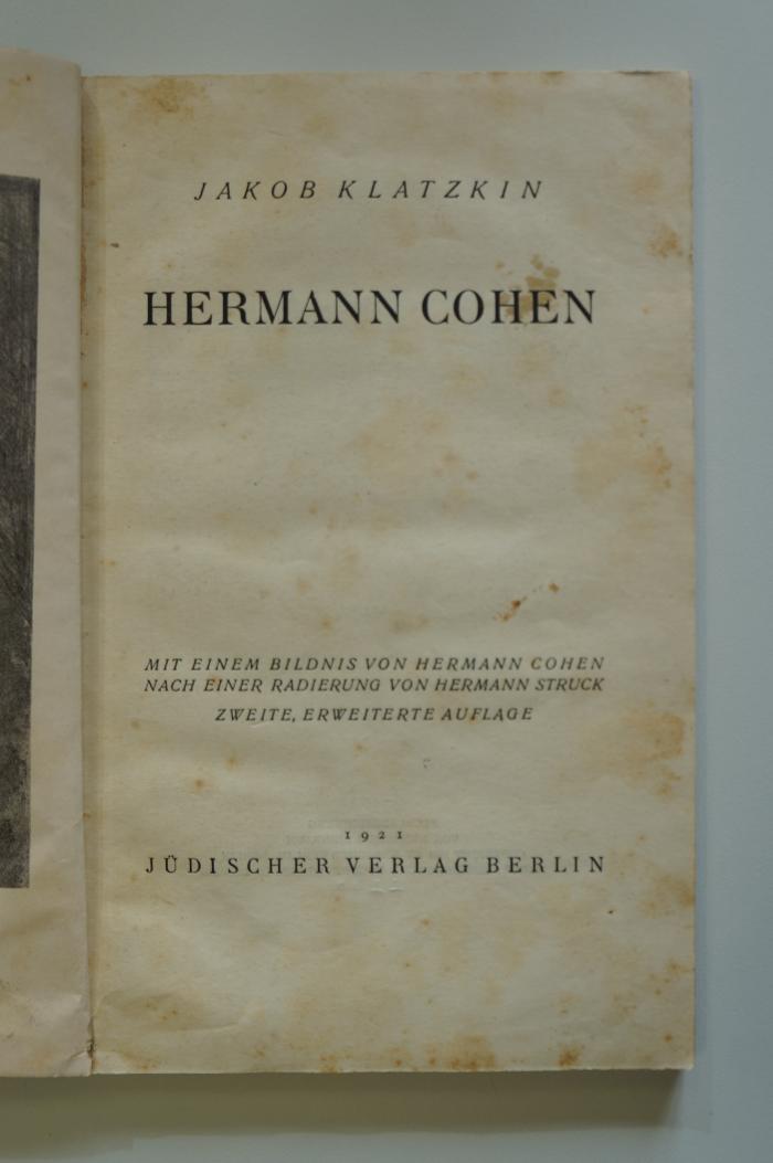 08 029309 : Hermann Cohen. mit einem Bildnis von Hermann Cohen nach einer Radierung von Hermann Struck (1921)